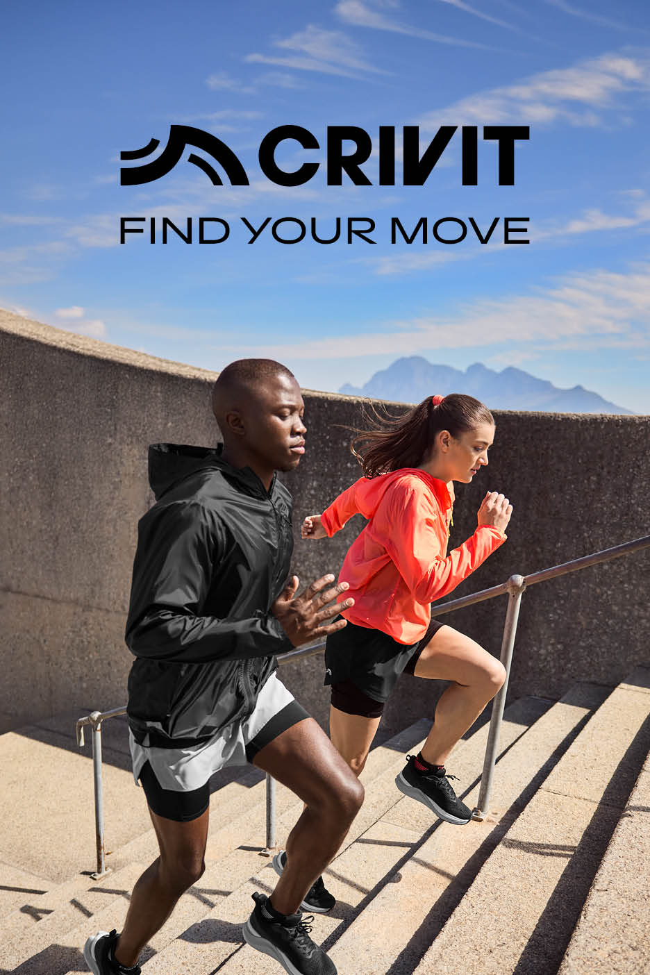 Two runners in activewear jackets and shorts ascend outdoor stairs, with text 'FIND YOUR MOVE'.