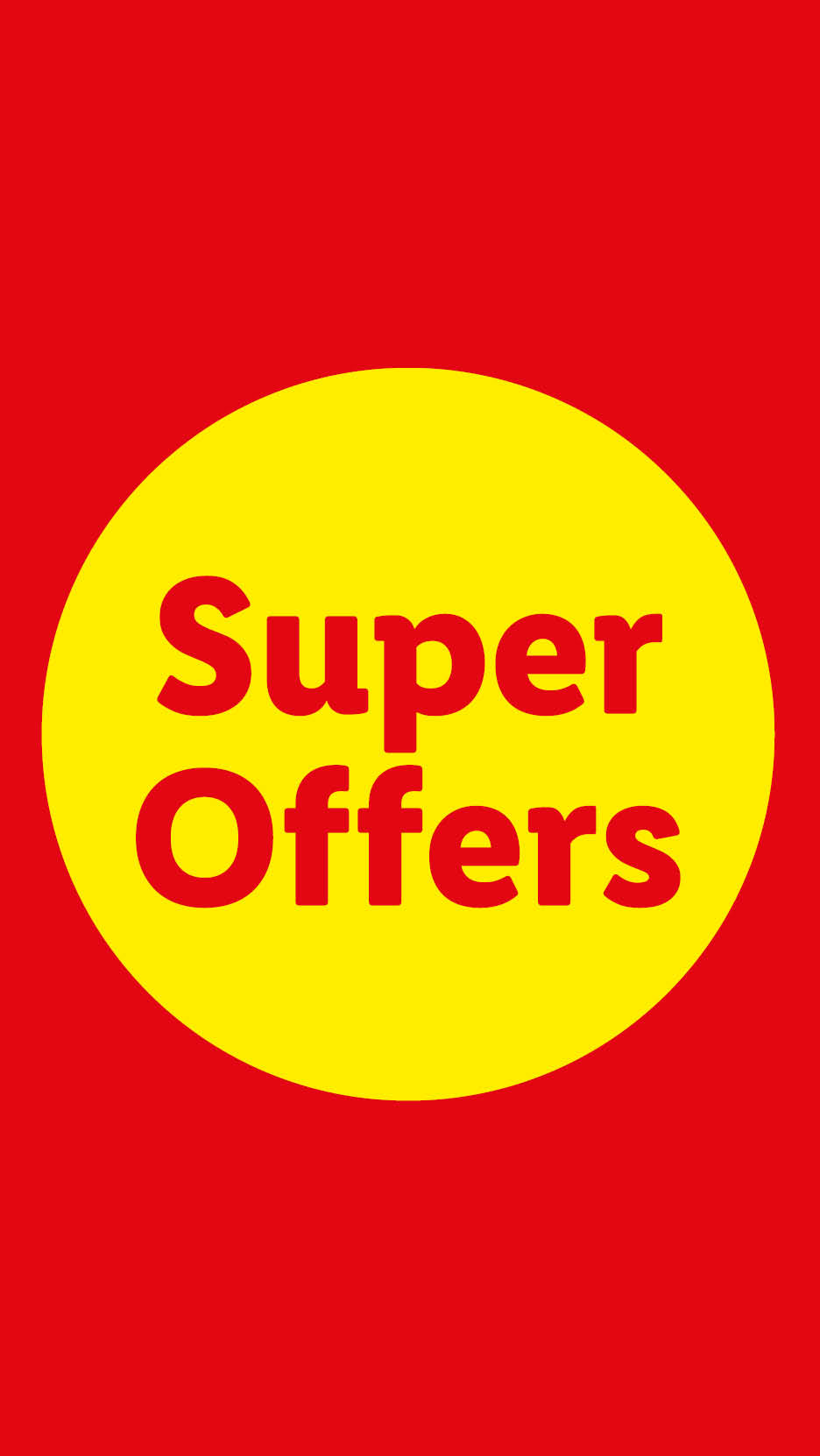 Red background with a yellow circle containing the text 'Super Offers' in red.