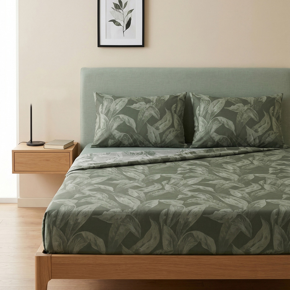Bed with green leaf-patterned duvet cover and pillows, light wooden bed frame and nightstand.