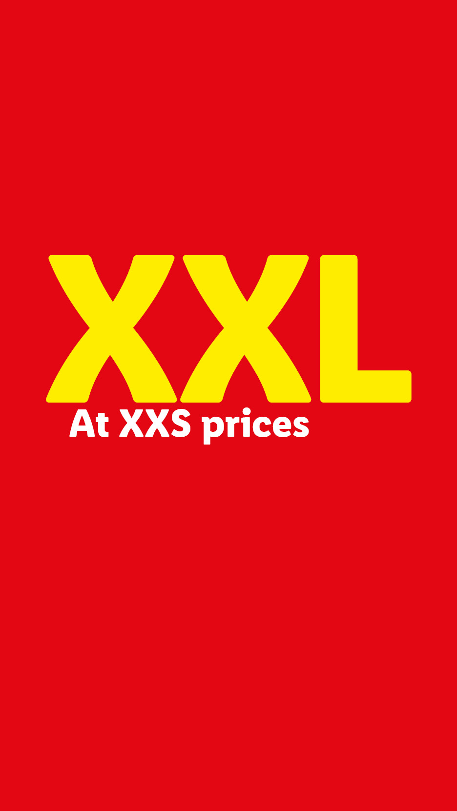XXL at XXS prices on a red background.