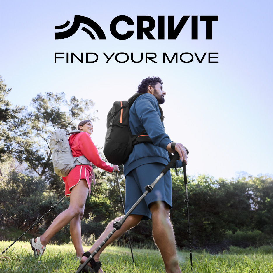 Two hikers with backpacks and trekking poles, with text 'FIND YOUR MOVE'.