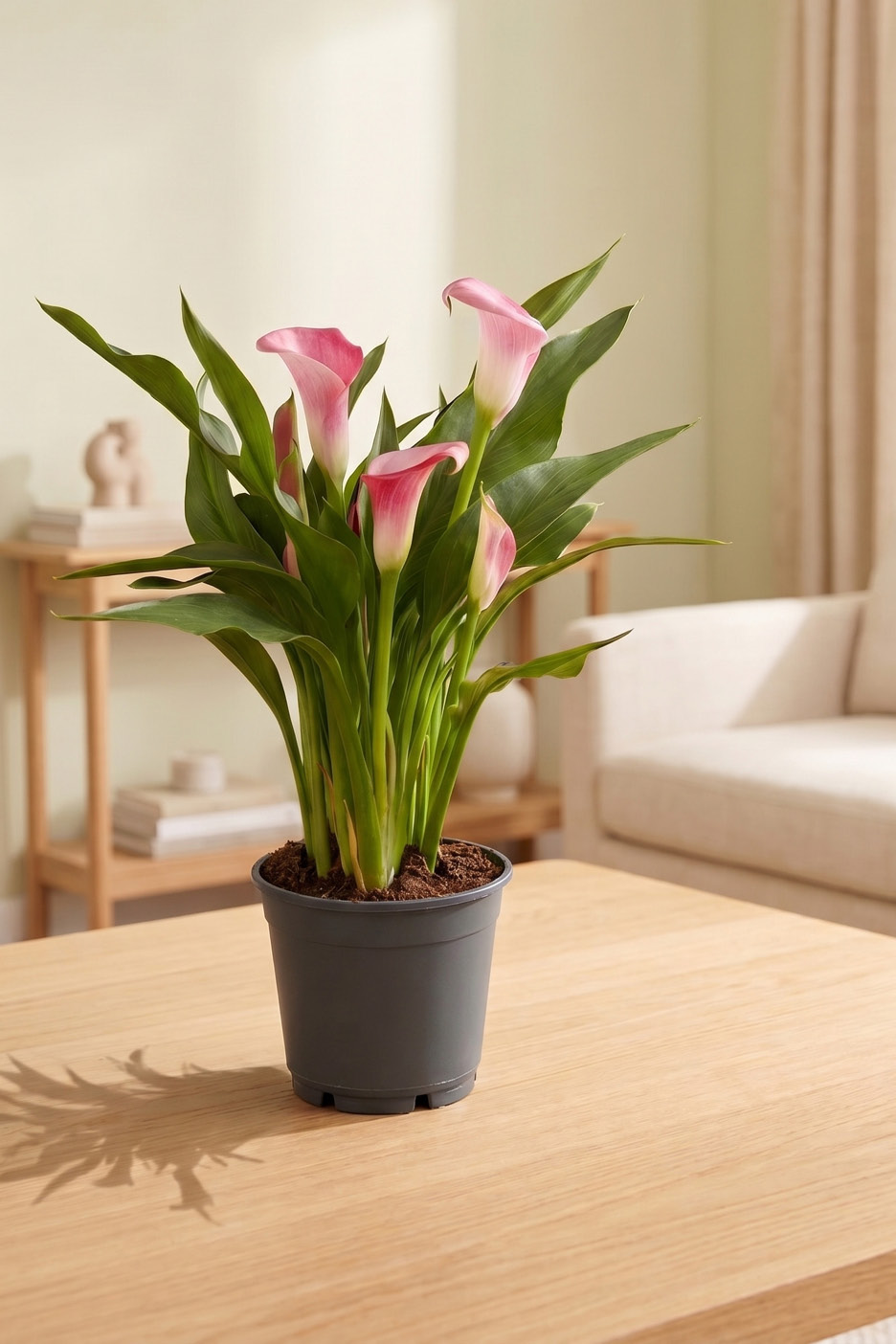 Pink calla lily plant in a grey pot on a wooden table in a living room.