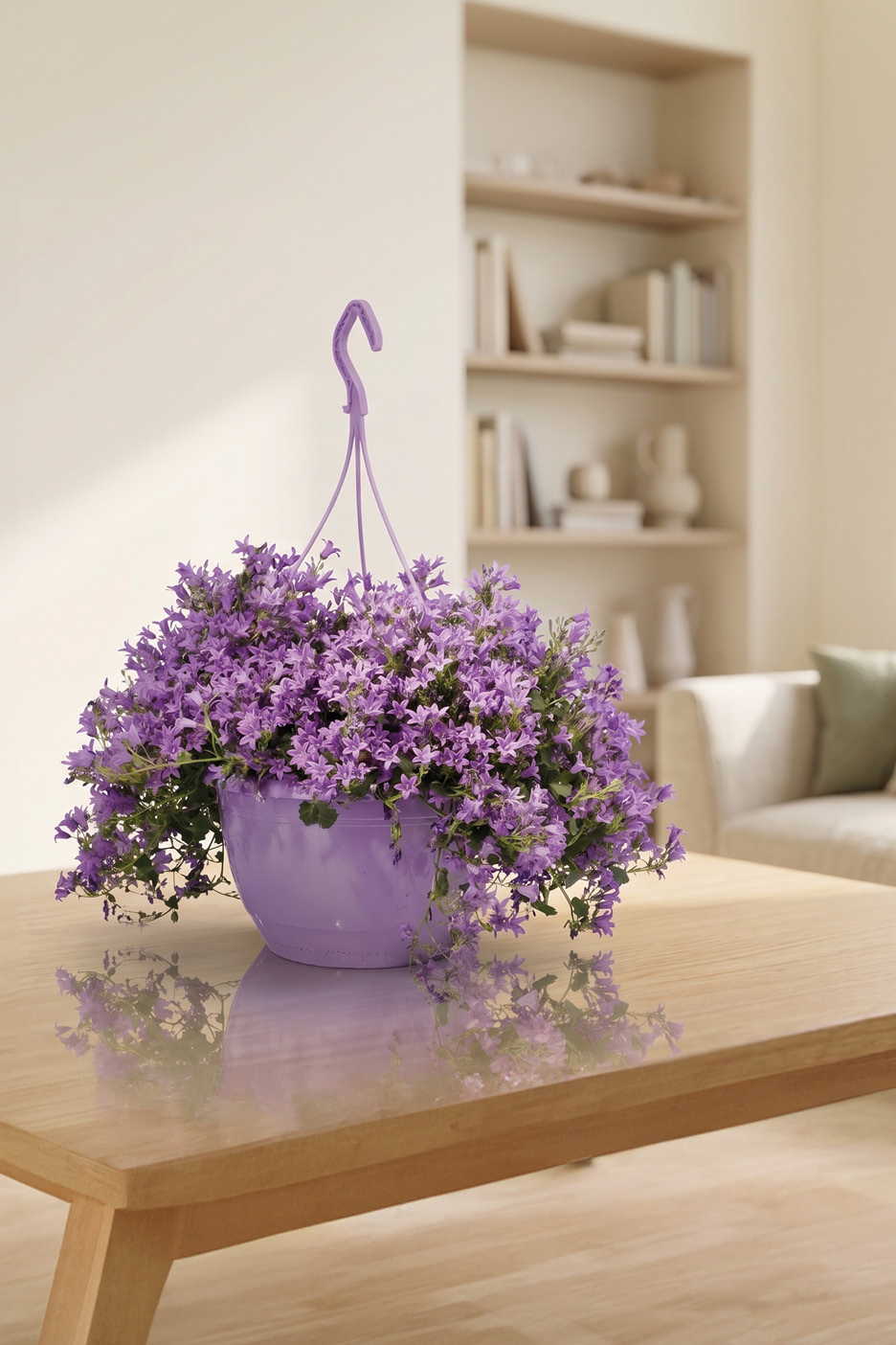 Purple bellflowers in a hanging pot on a wooden table in a living room.