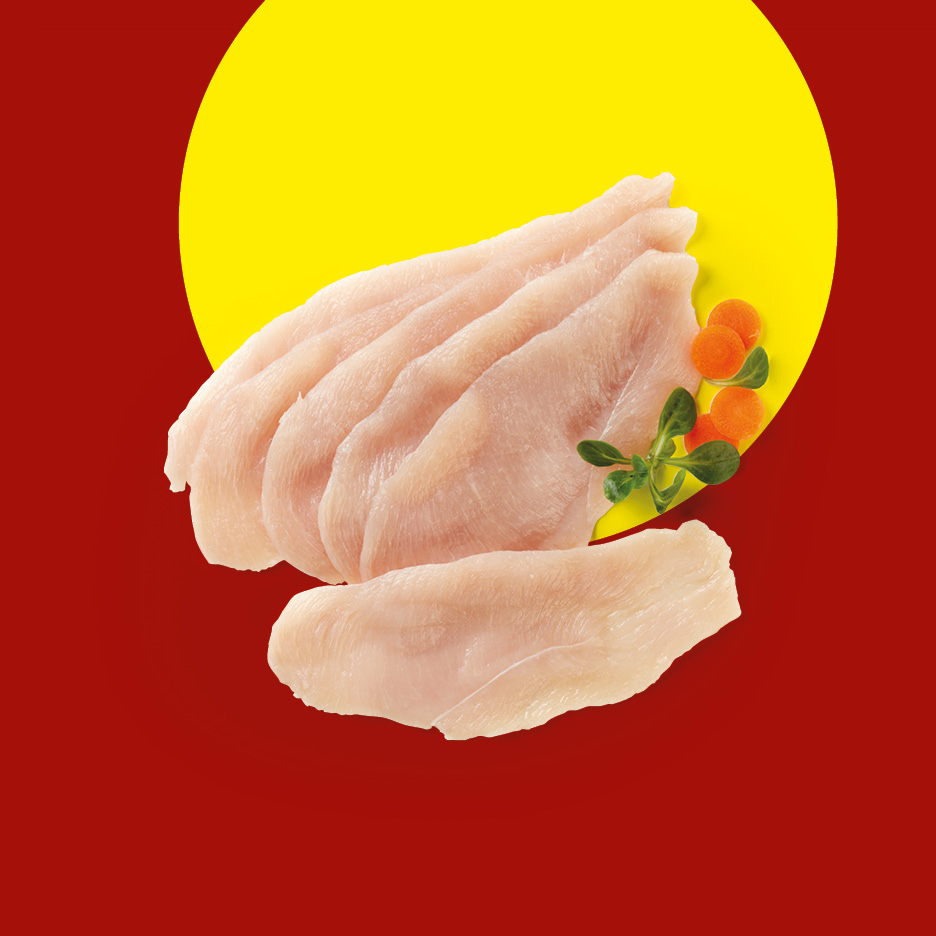 Raw chicken breast fillets with carrot slices and herbs on a red and yellow background.