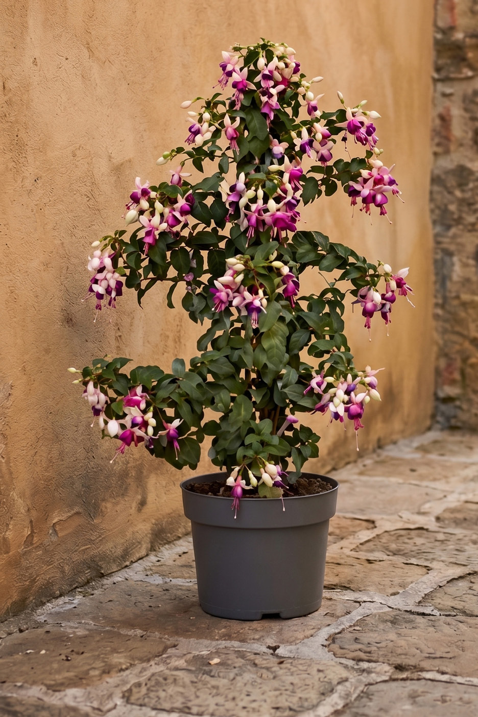 Potted fuchsia plant with vibrant pink and white flowers against a rustic wall.