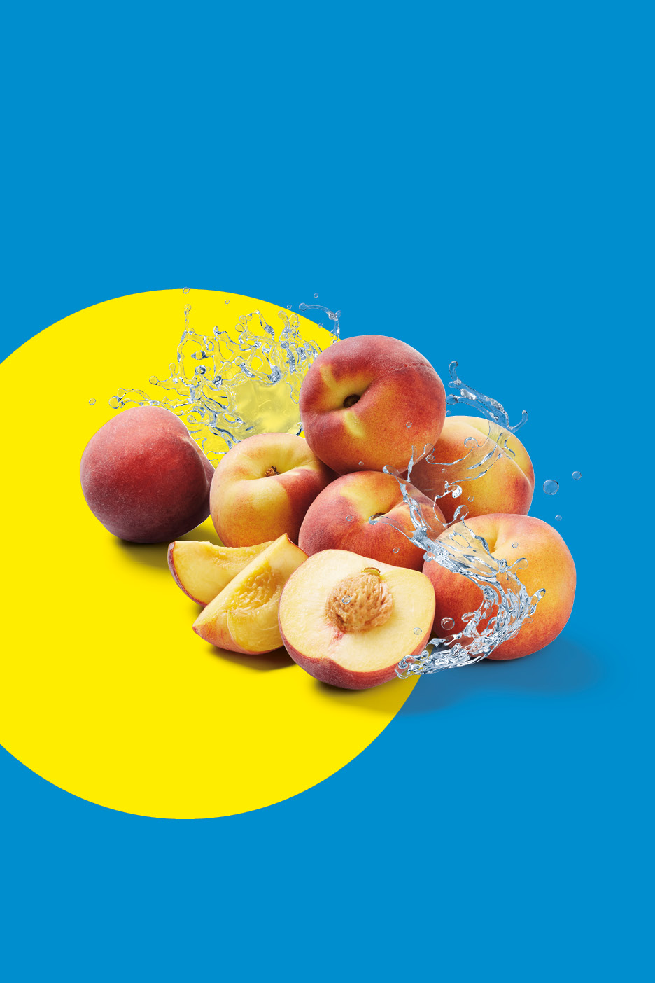 Fresh peaches, whole and sliced, with water splashes on a blue and yellow background.