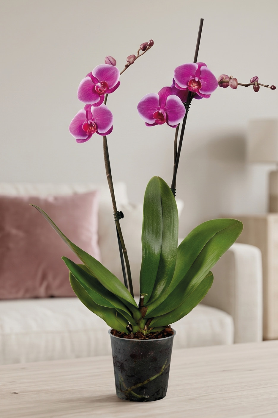 Potted pink orchid with green leaves on a wooden table, with a sofa in the background.