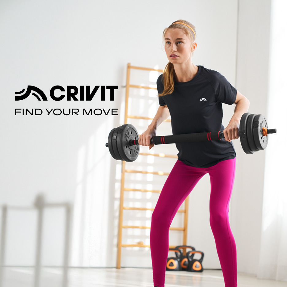 Woman in black top and pink leggings exercising with a barbell, text: FIND YOUR MOVE.