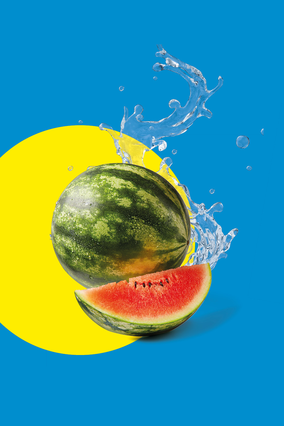Whole watermelon and a slice with water splashes on a blue and yellow background.