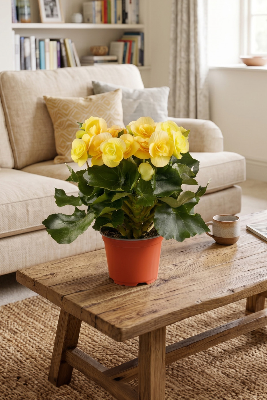 Yellow begonia plant in an orange pot on a wooden coffee table in a living room.