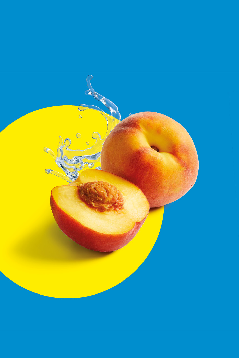 Fresh peaches, one whole and one halved, with water splashes on a yellow and blue background.
