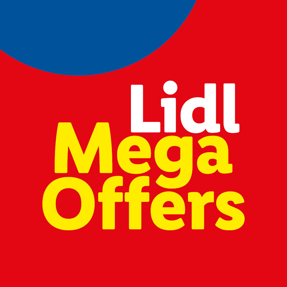 Red background with blue and yellow accents, featuring 'Lidl Mega Offers' in white and yellow text.