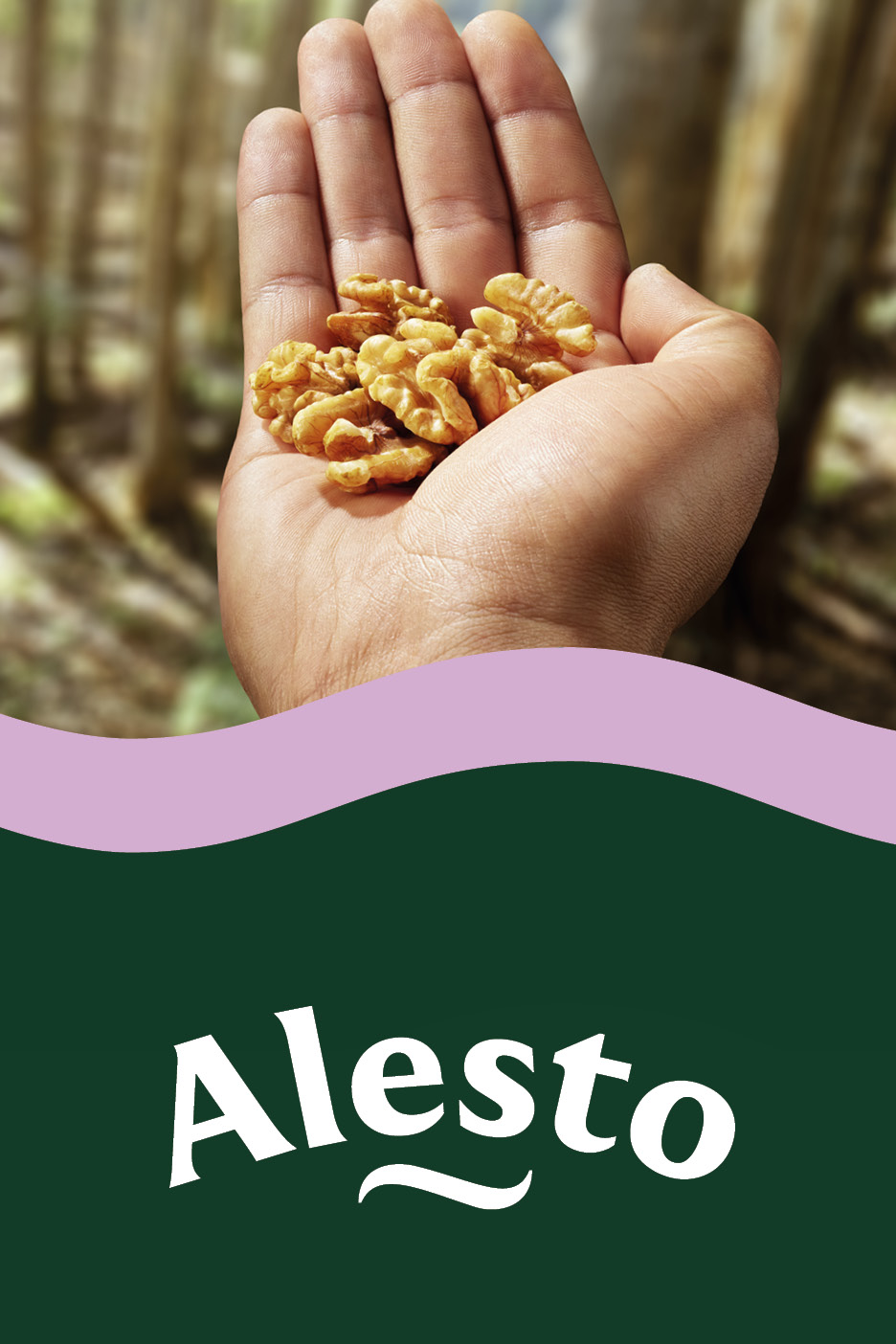 A hand holding walnuts, with a blurred forest background and a green and purple graphic.