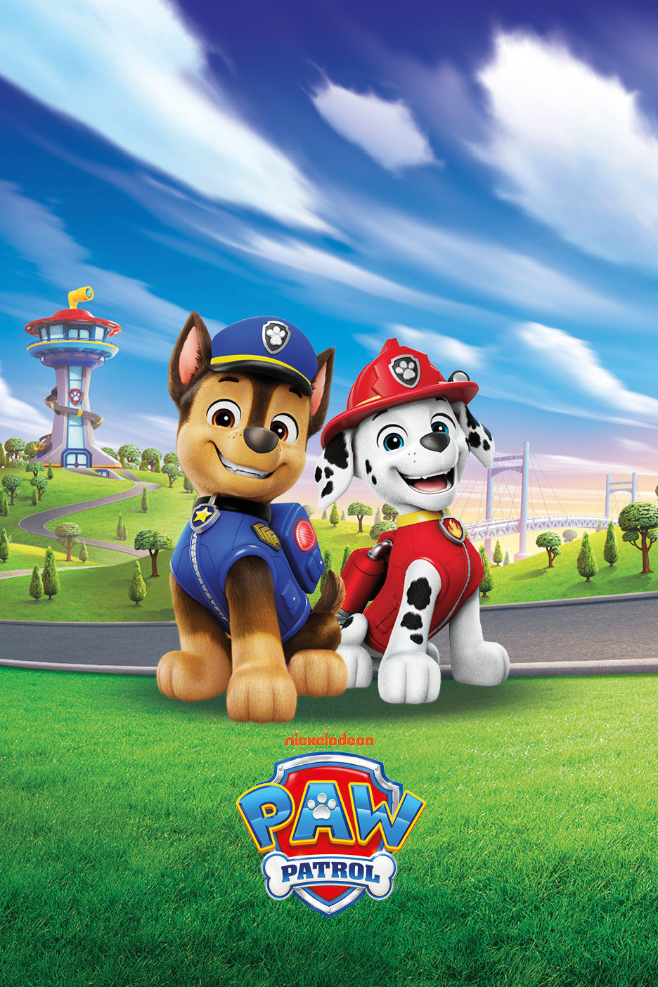 Two cartoon puppies, one a police dog and one a firefighter, with a tower and bridge in the background.
