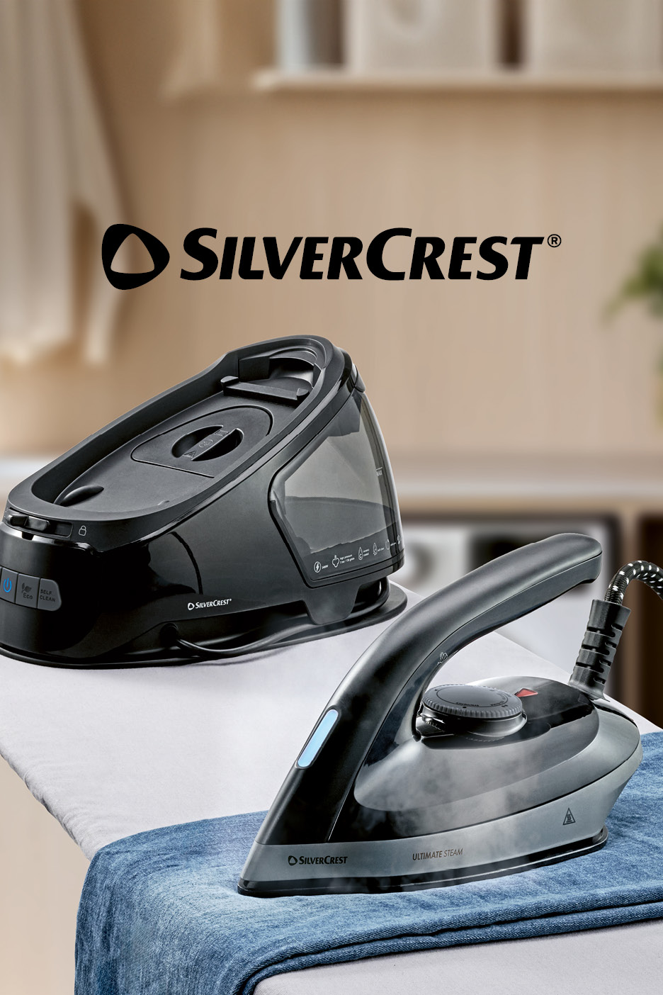 Steam generator iron and steam iron on an ironing board, with a blurred background.