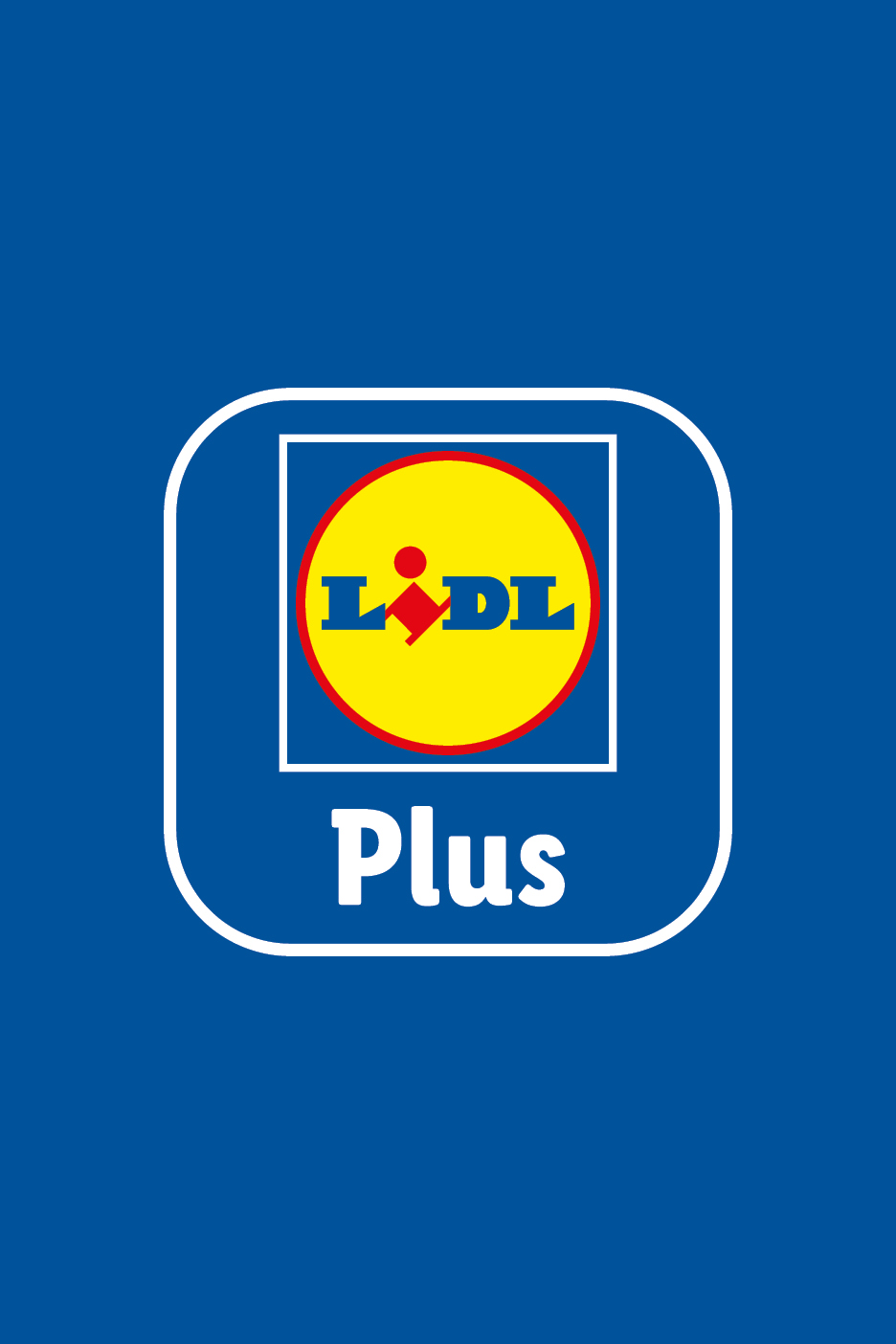 Lidl Plus logo, featuring the Lidl brand name in a yellow circle with a red square, and the word 'Plus' below, all within a white rounded rectangle on a blue background.
