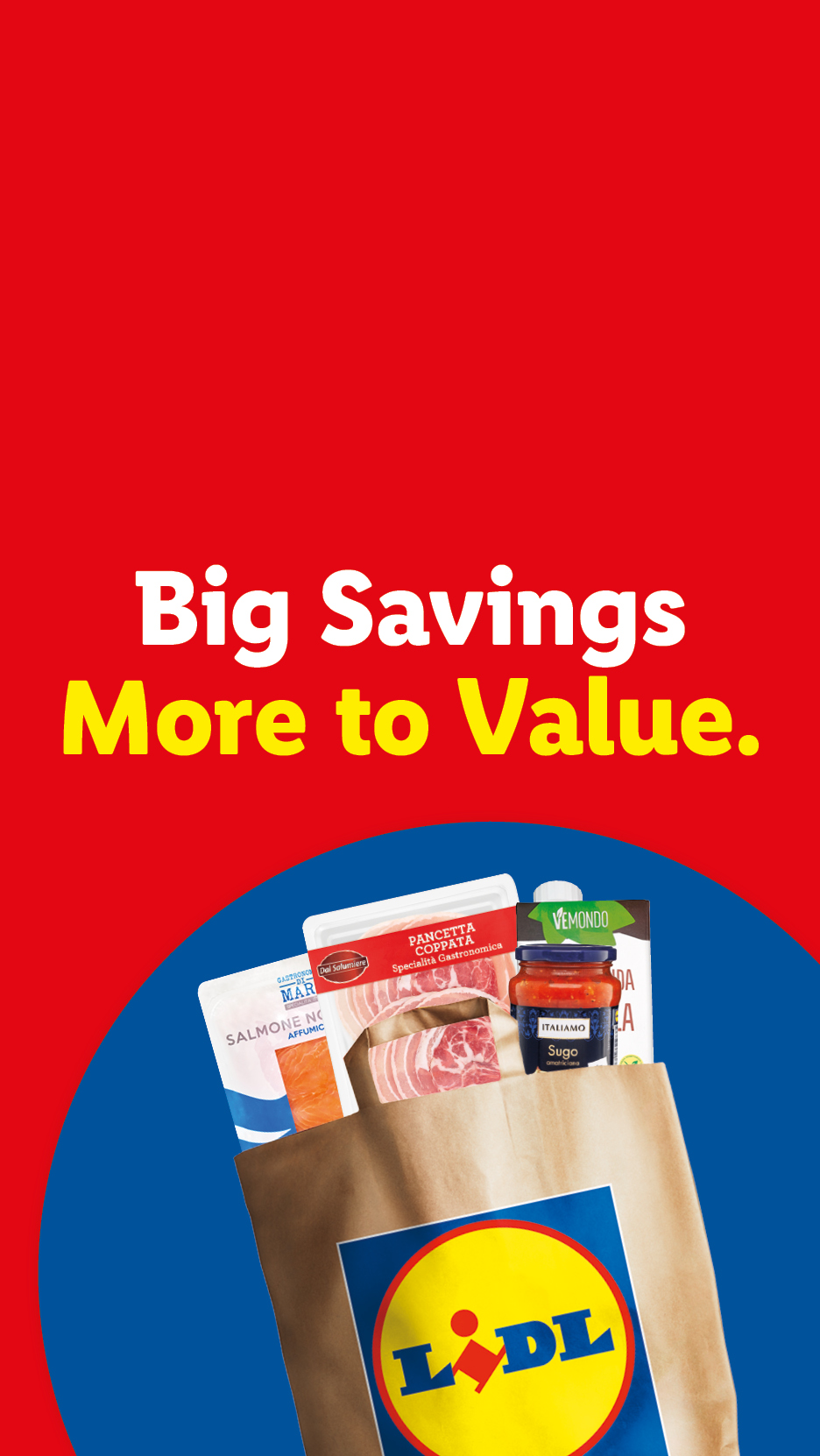A Lidl shopping bag filled with groceries, including salmon, pancetta, and tomato sauce, with text 'Big Savings More to Value'.
