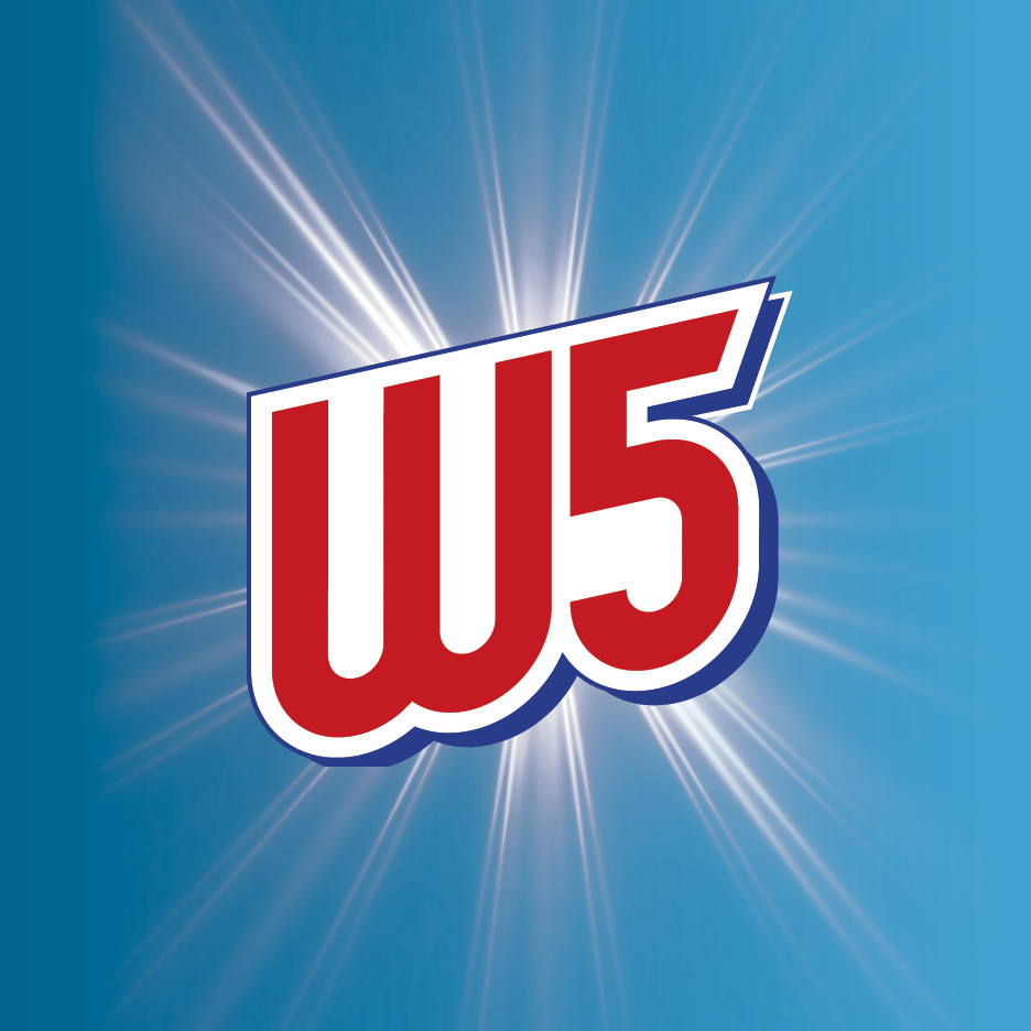 W5 logo, a red and white stylized text, on a bright blue background with radiating light.