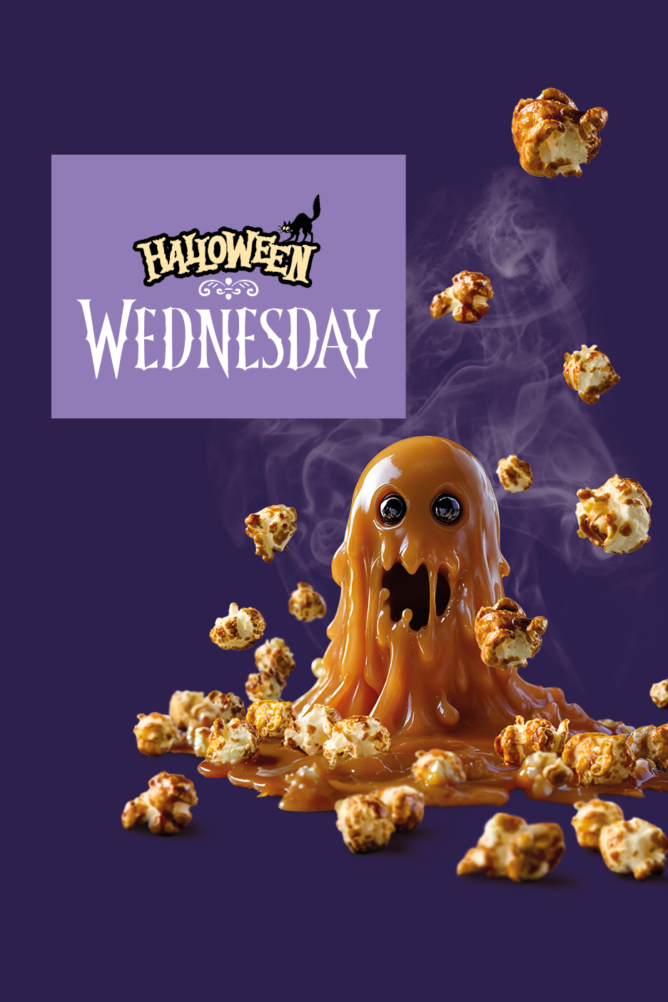 Halloween Wednesday text with a caramel ghost and popcorn on a purple background.