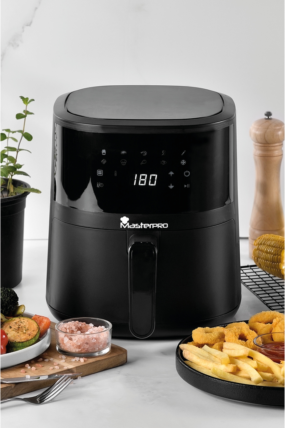 Black MasterPRO air fryer with a digital display showing 180, surrounded by food items.