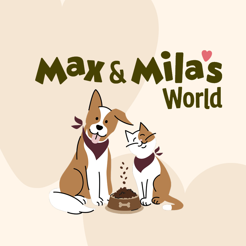 Logo with a dog and a cat next to a food bowl, reading Max & Mila's World.