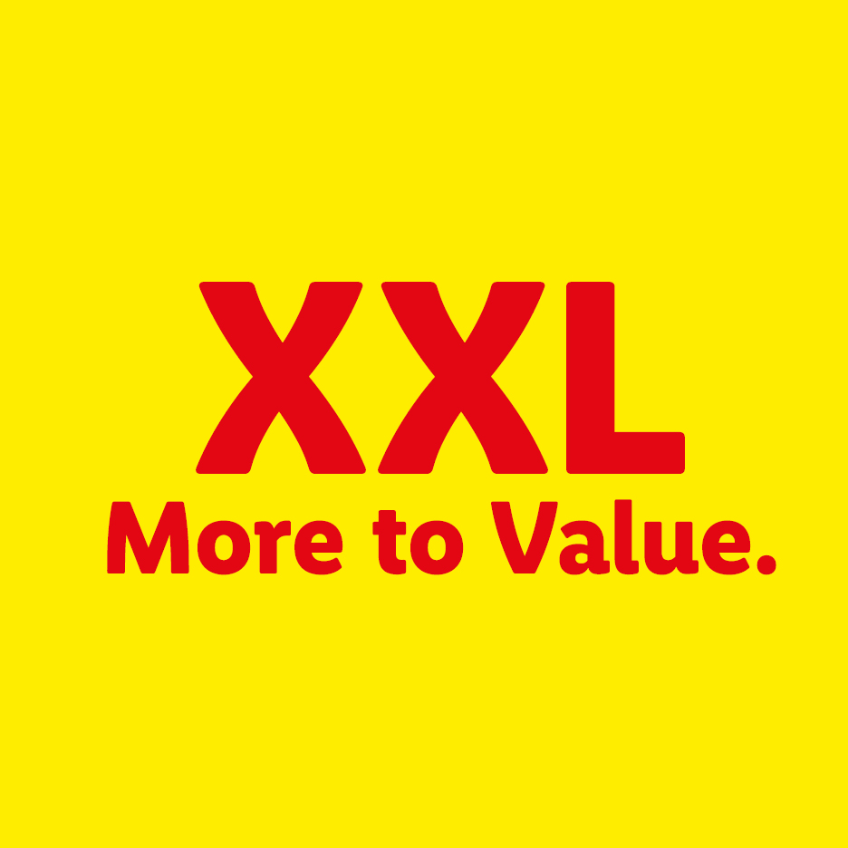 XXL logo with the slogan 'More to Value' on a yellow background.