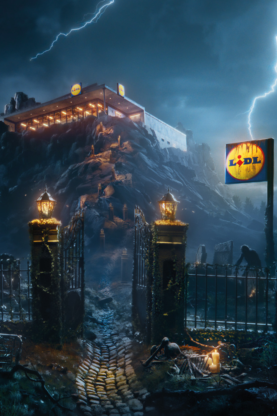 Spooky supermarket on a stormy hill behind gothic gates with a glowing sign.