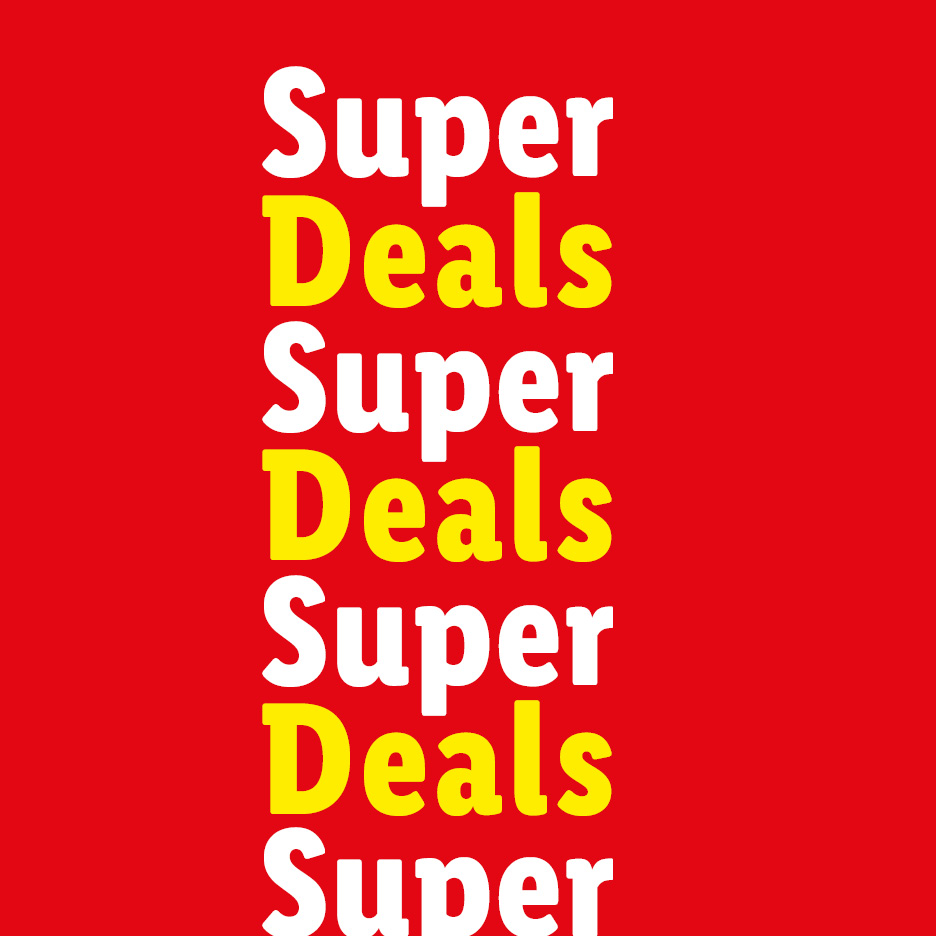 Repeated text 'Super Deals' in white and yellow on a red background.