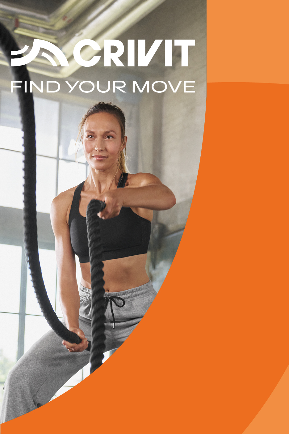 CRIVIT logo, 'FIND YOUR MOVE' text, woman in black sports bra and grey sweatpants using battle ropes.
