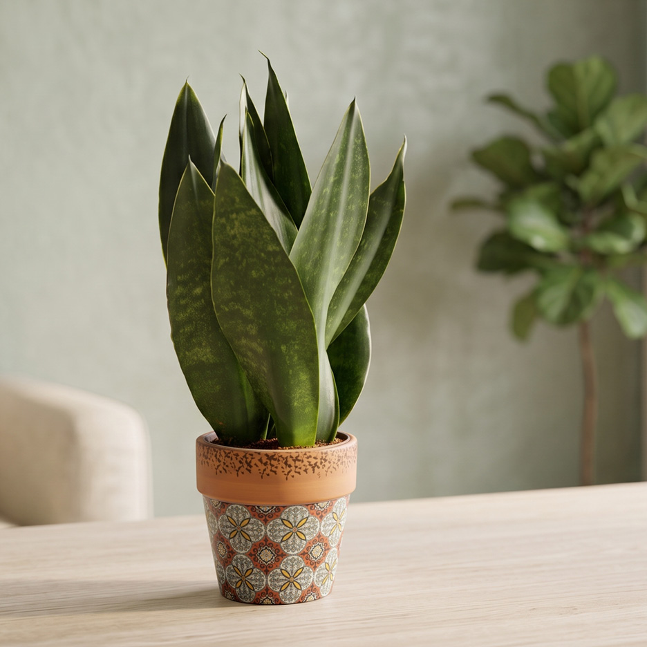 Snake plant in a decorative patterned terracotta pot on a wooden table.
