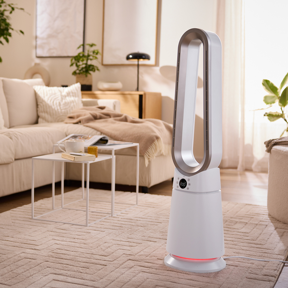 White bladeless fan in a cozy living room with a beige sofa and rug.