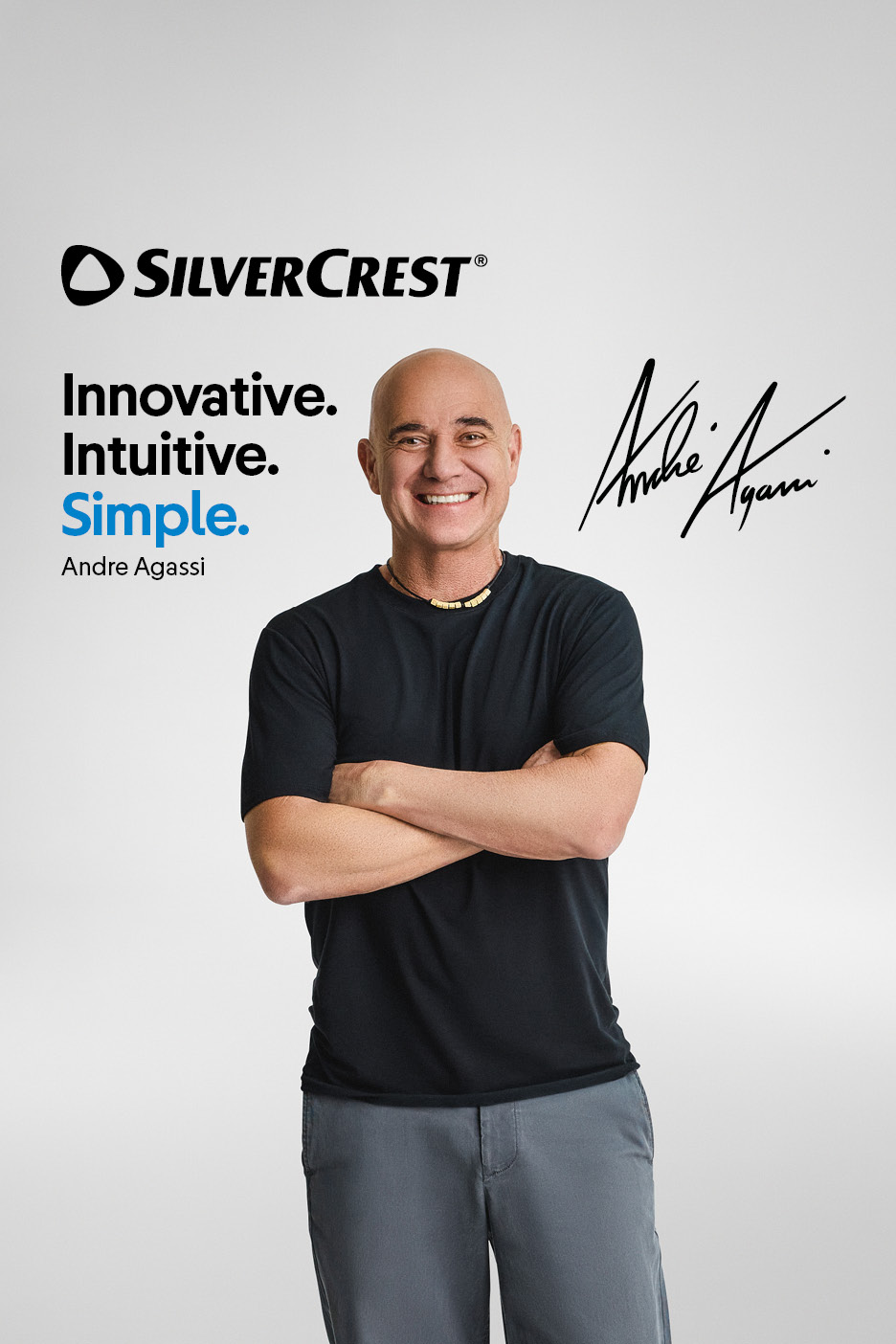 A smiling man with crossed arms next to the text: Innovative. Intuitive. Simple. Andre Agassi.