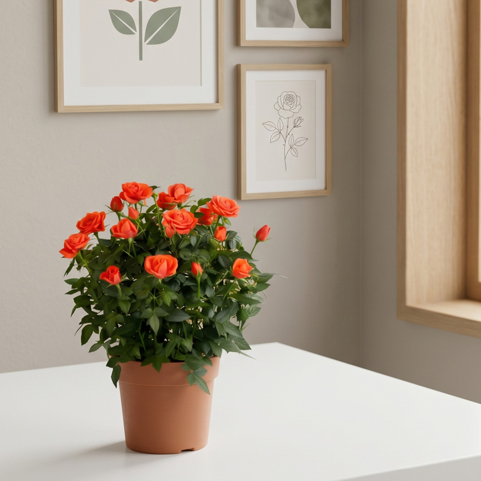 A potted orange miniature rose plant on a white table against a neutral wall with framed art.