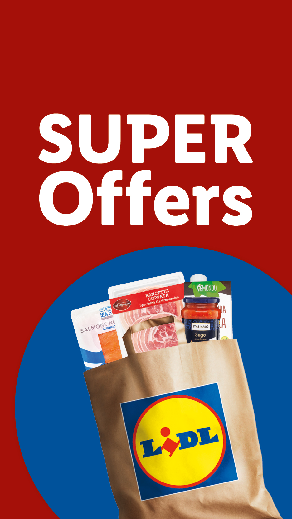 Lidl shopping bag filled with salmon, pancetta, tomato sauce, and other groceries.