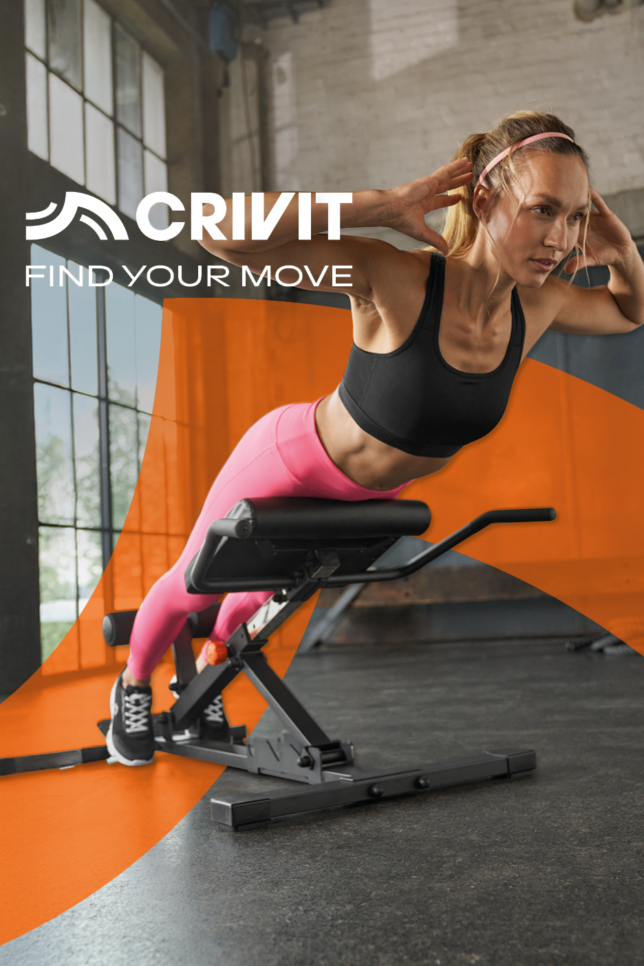 CRIVIT fitness equipment with a woman exercising, text: FIND YOUR MOVE.