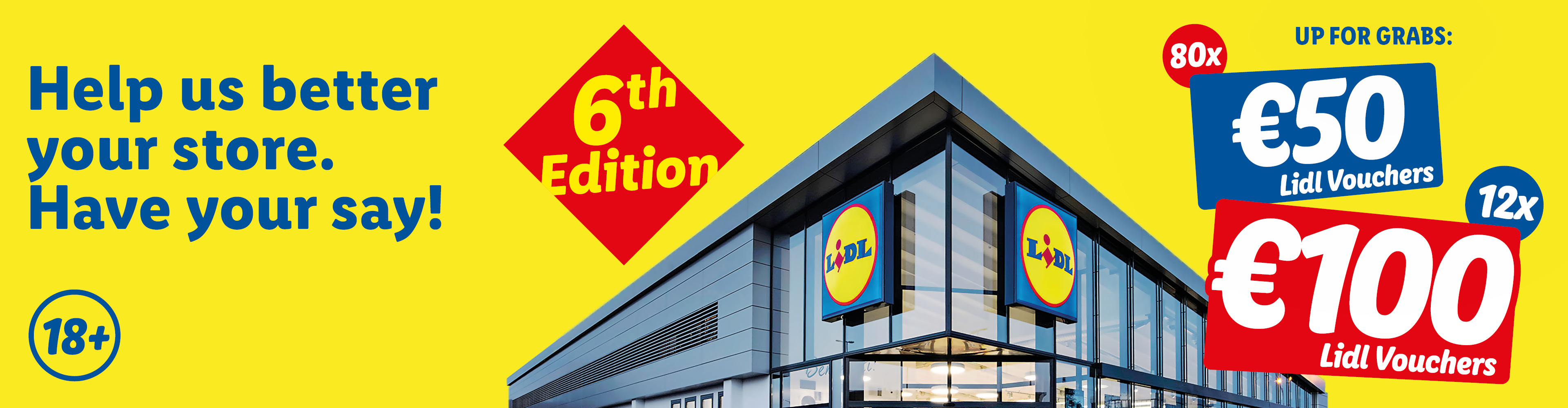 Lidl survey for the 6th Edition, offering 80x €50 and 12x €100 Lidl vouchers for feedback.