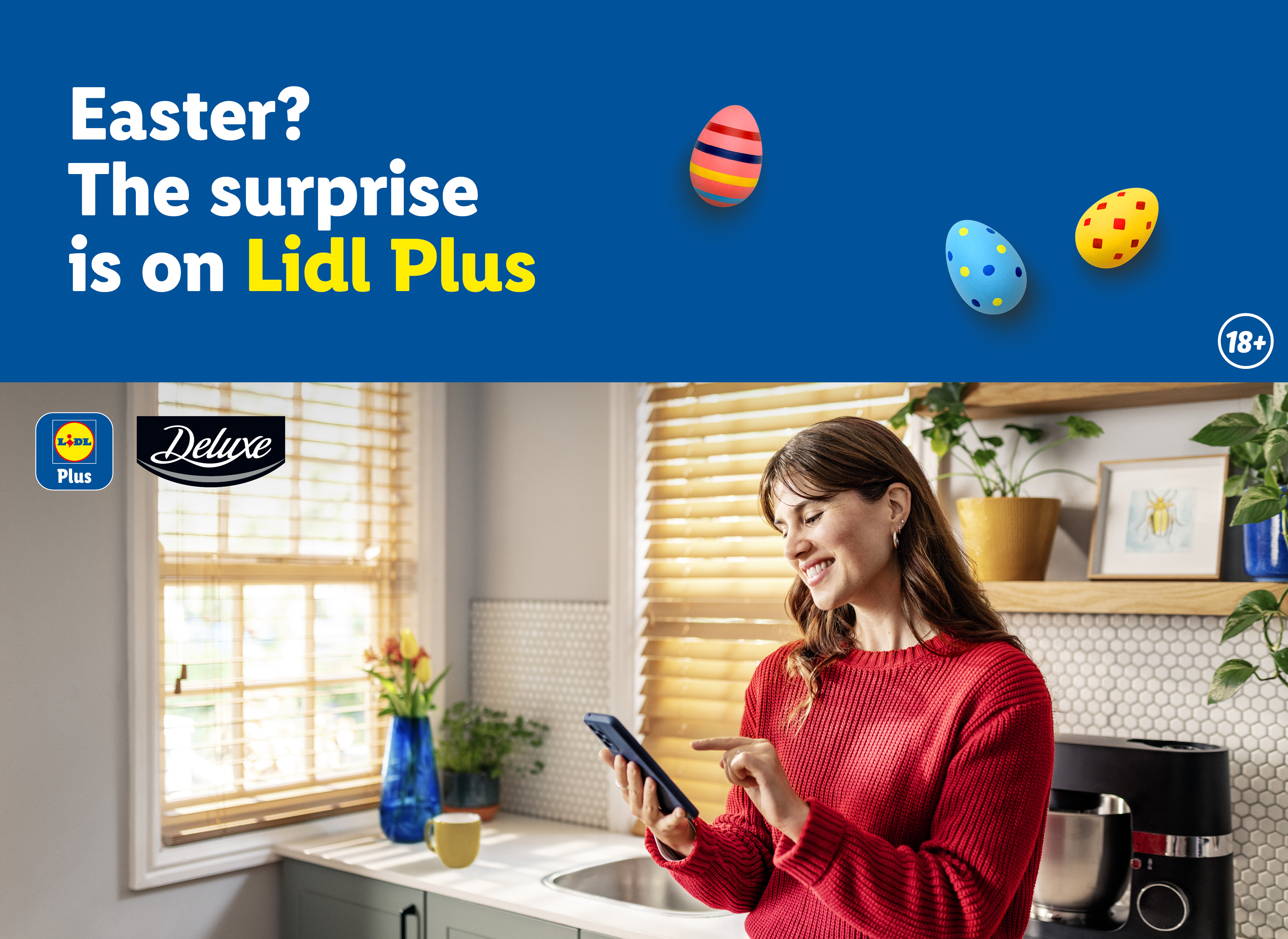 Woman in a kitchen using a phone, with Easter eggs and text about a surprise.