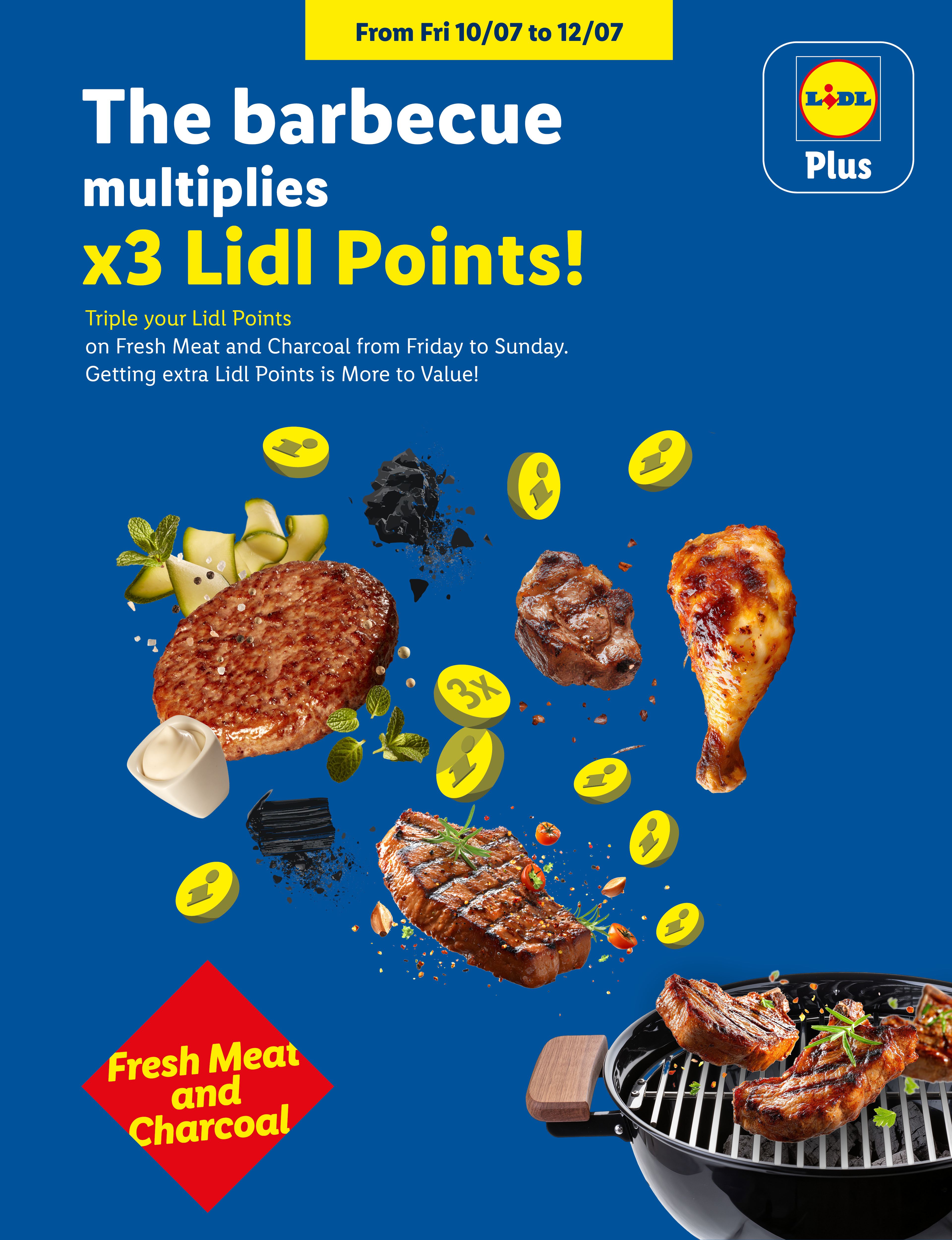 Barbecue items like meat, charcoal, and seasonings, with a promotion for triple points on fresh meat and charcoal.