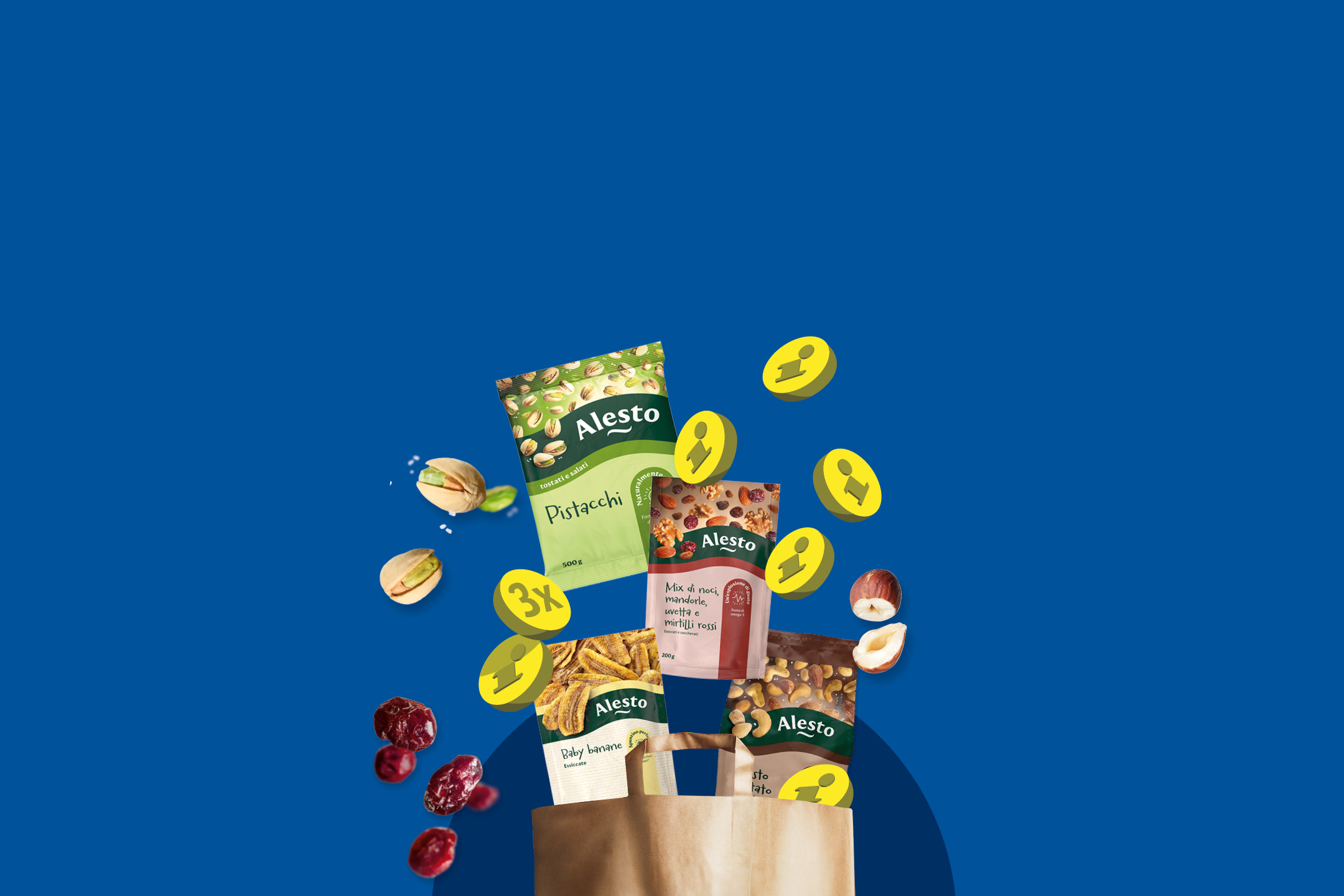 Various nuts and dried fruits, including pistachios, mixed nuts, and dried bananas, falling into a paper bag.