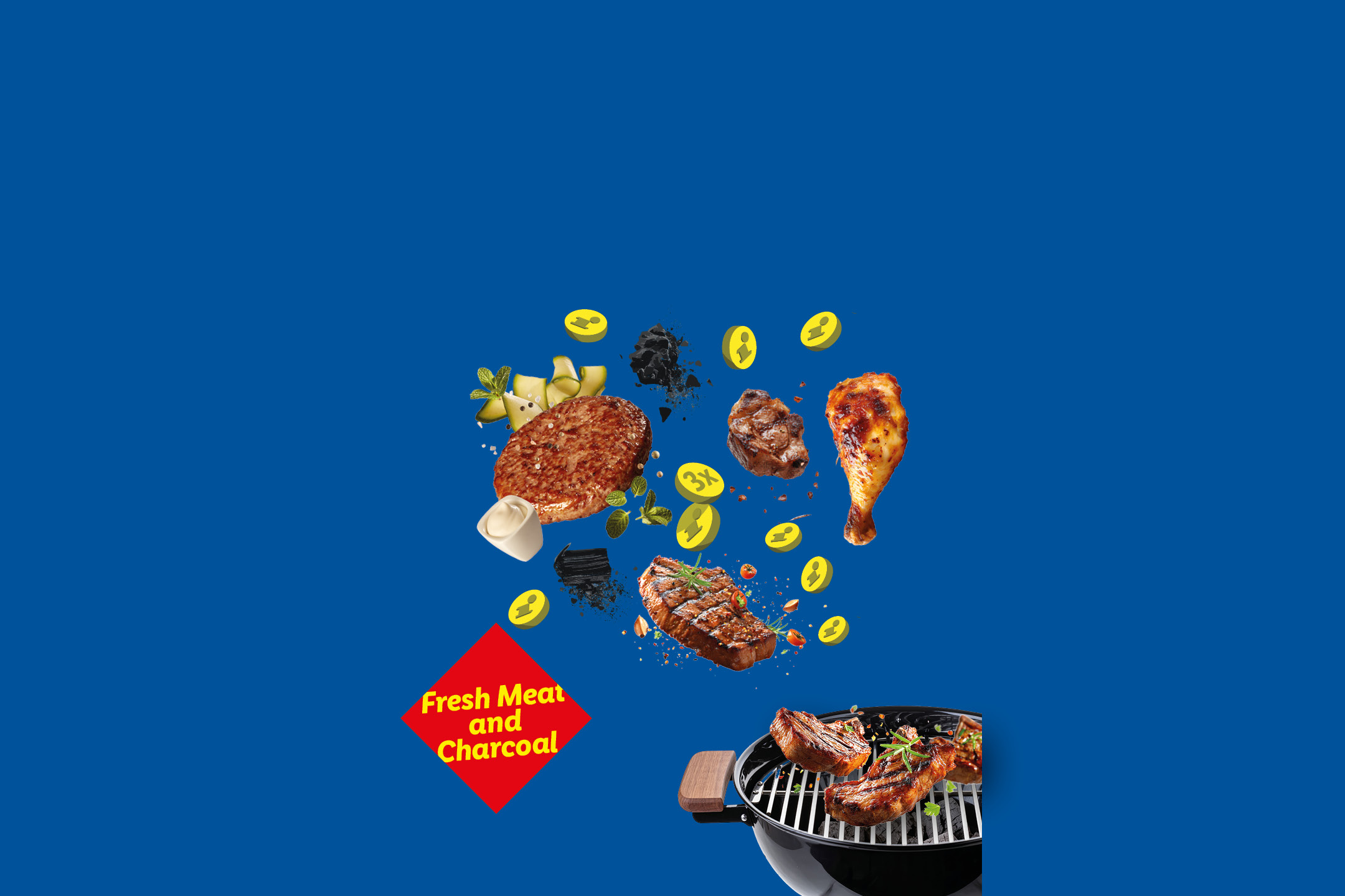 Grilled meats, burger, and chicken leg with charcoal and coins, with text 'Fresh Meat and Charcoal'.