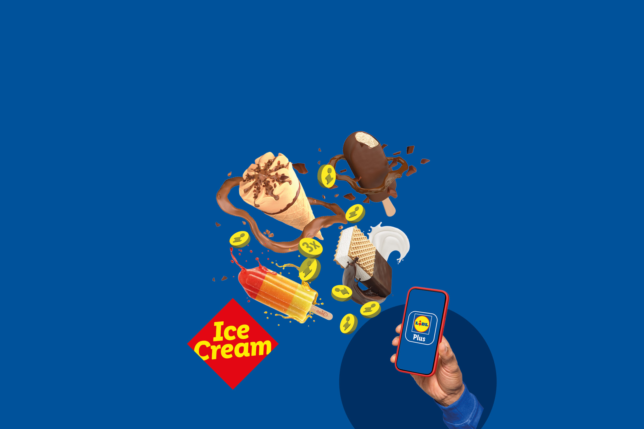 Ice cream cones, popsicles, and chocolate bars with a phone displaying a loyalty app.
