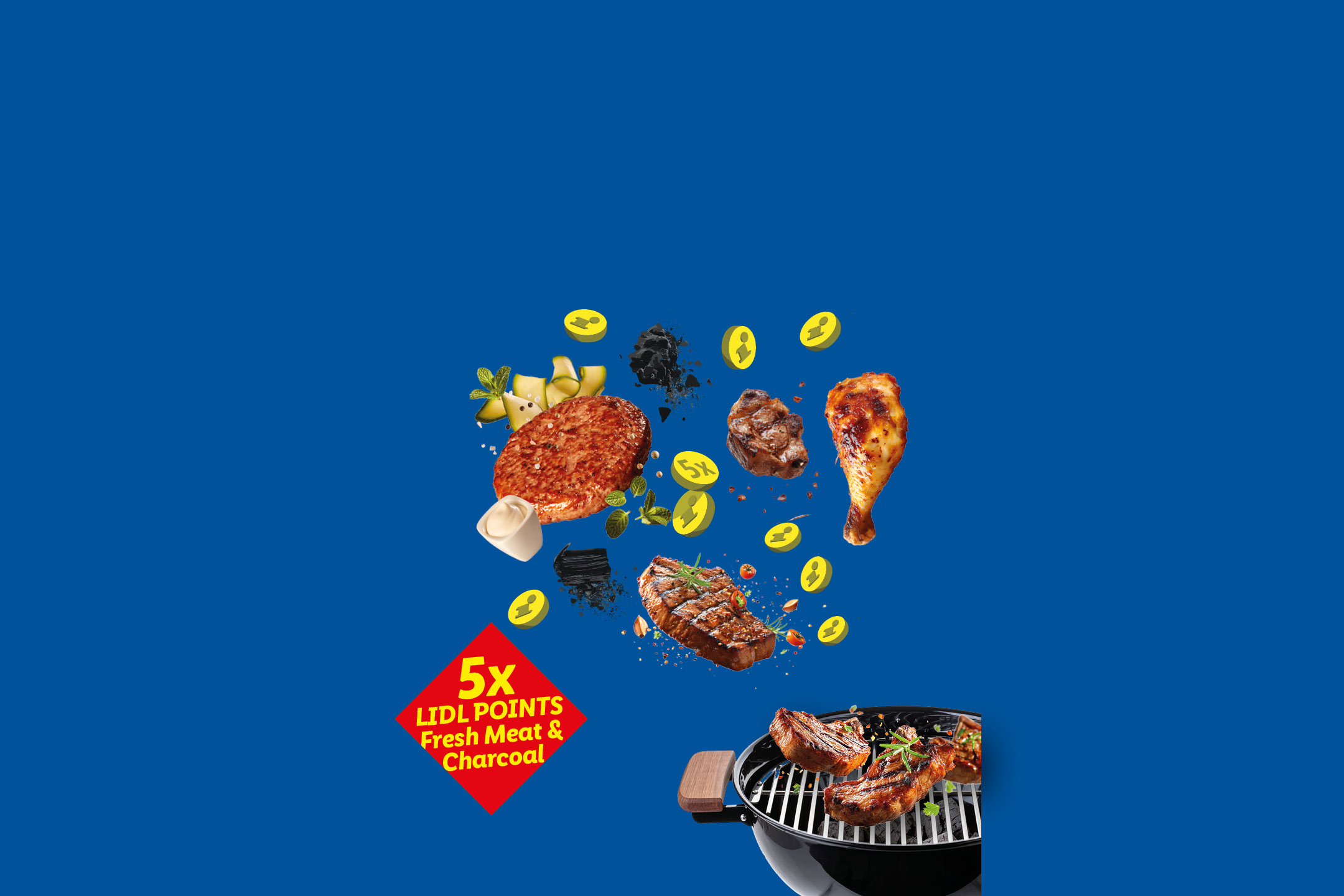 Grilled meats and charcoal with a red diamond promoting 5x points on fresh meat and charcoal.