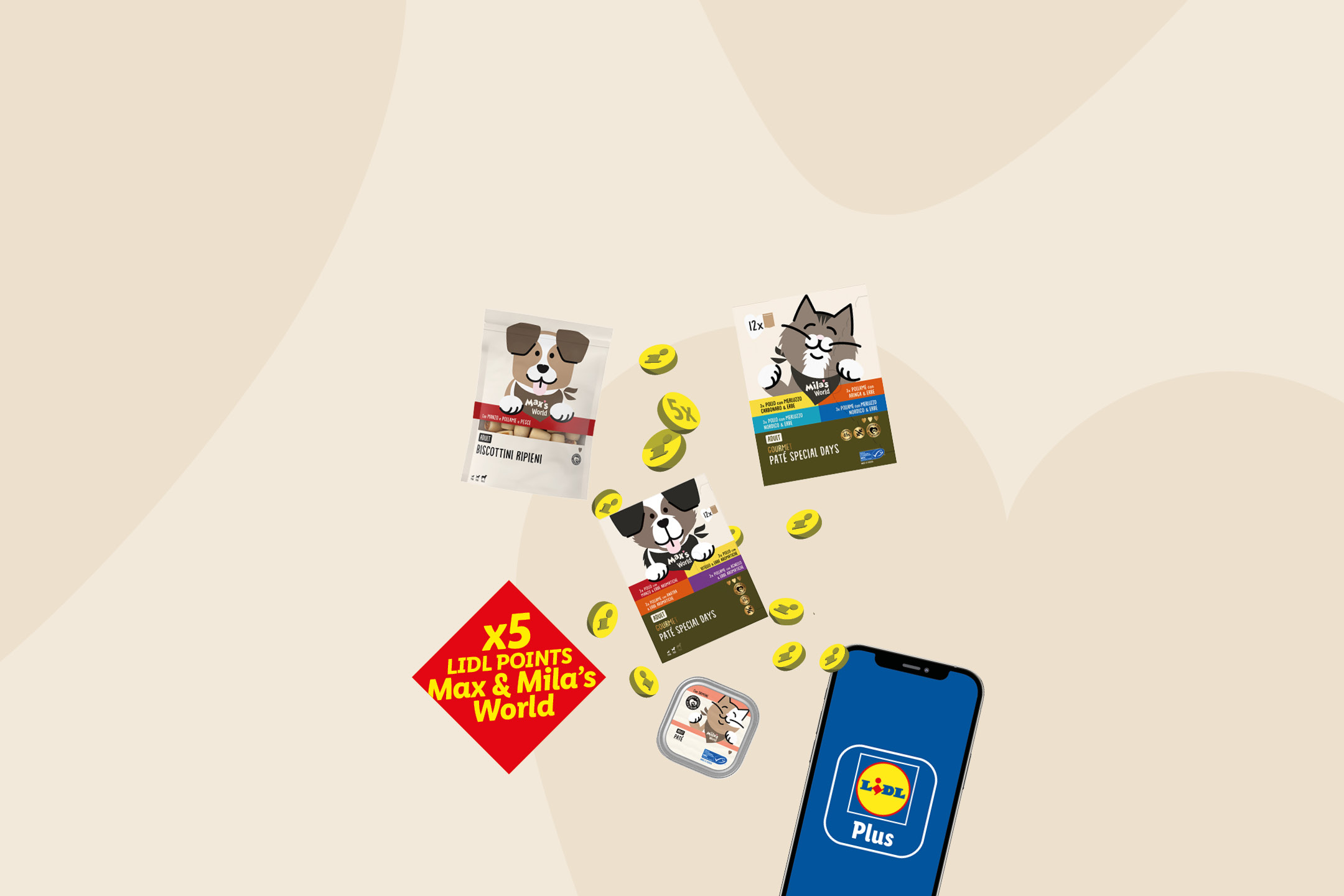 Promotional banner for pet food with dog and cat treats, a mobile app, and bonus points.