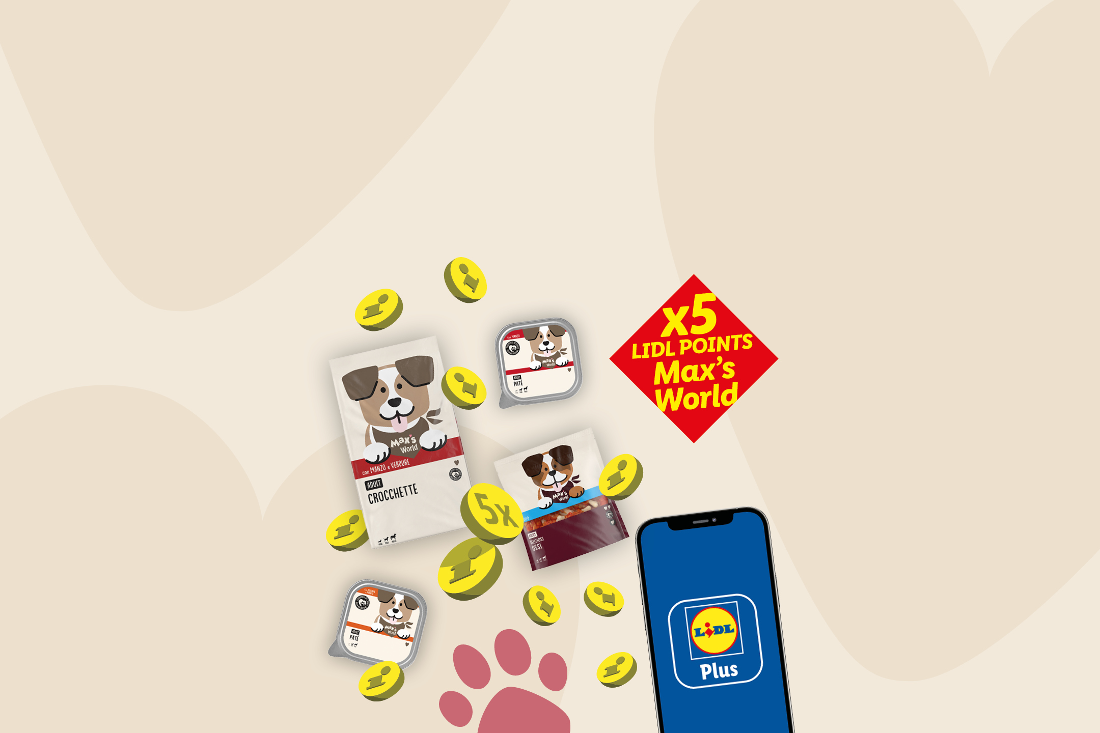 Promotional banner for pet food offering 5x points on a mobile app.