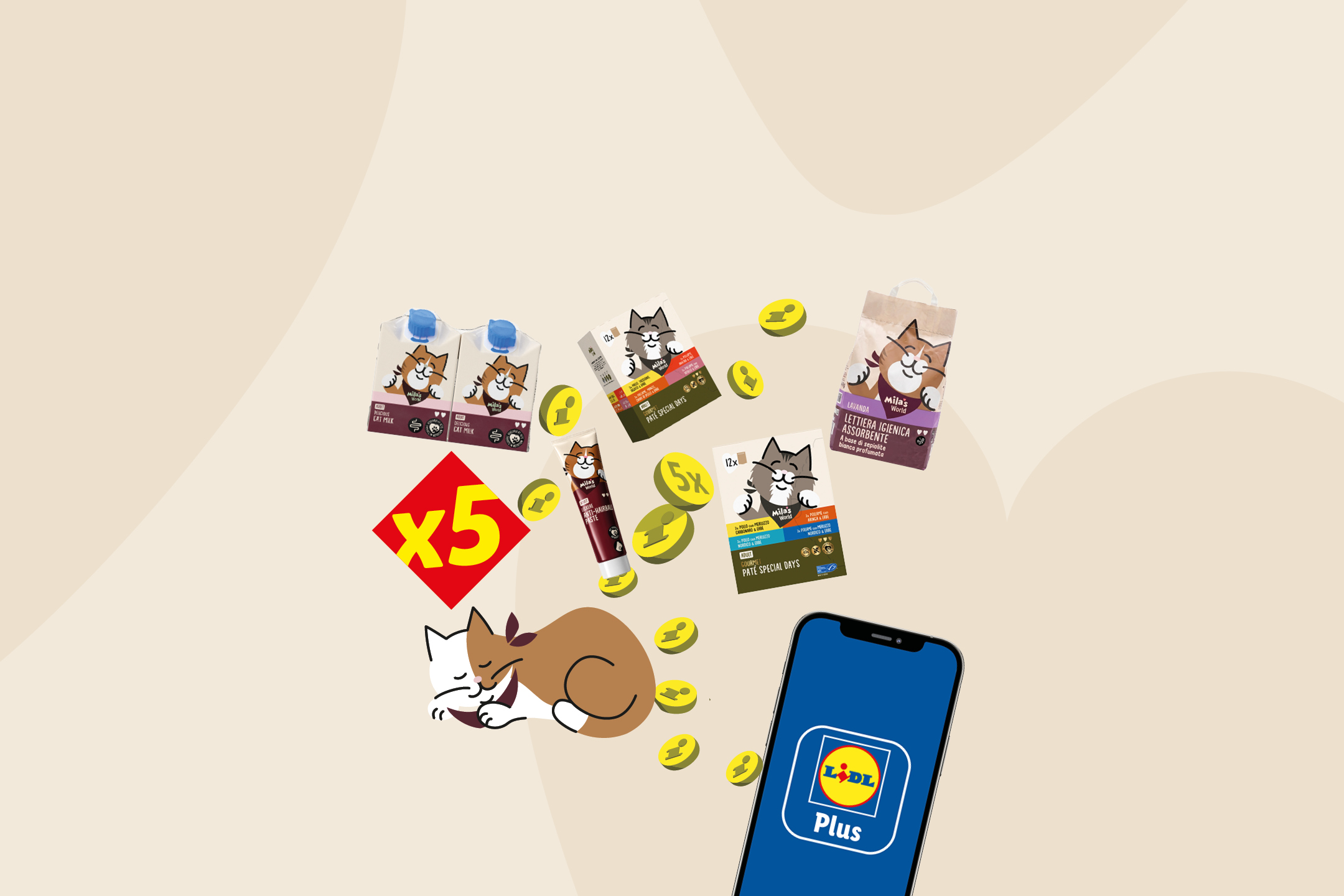 Selection of cat food, milk, and litter next to a smartphone showing a loyalty app.