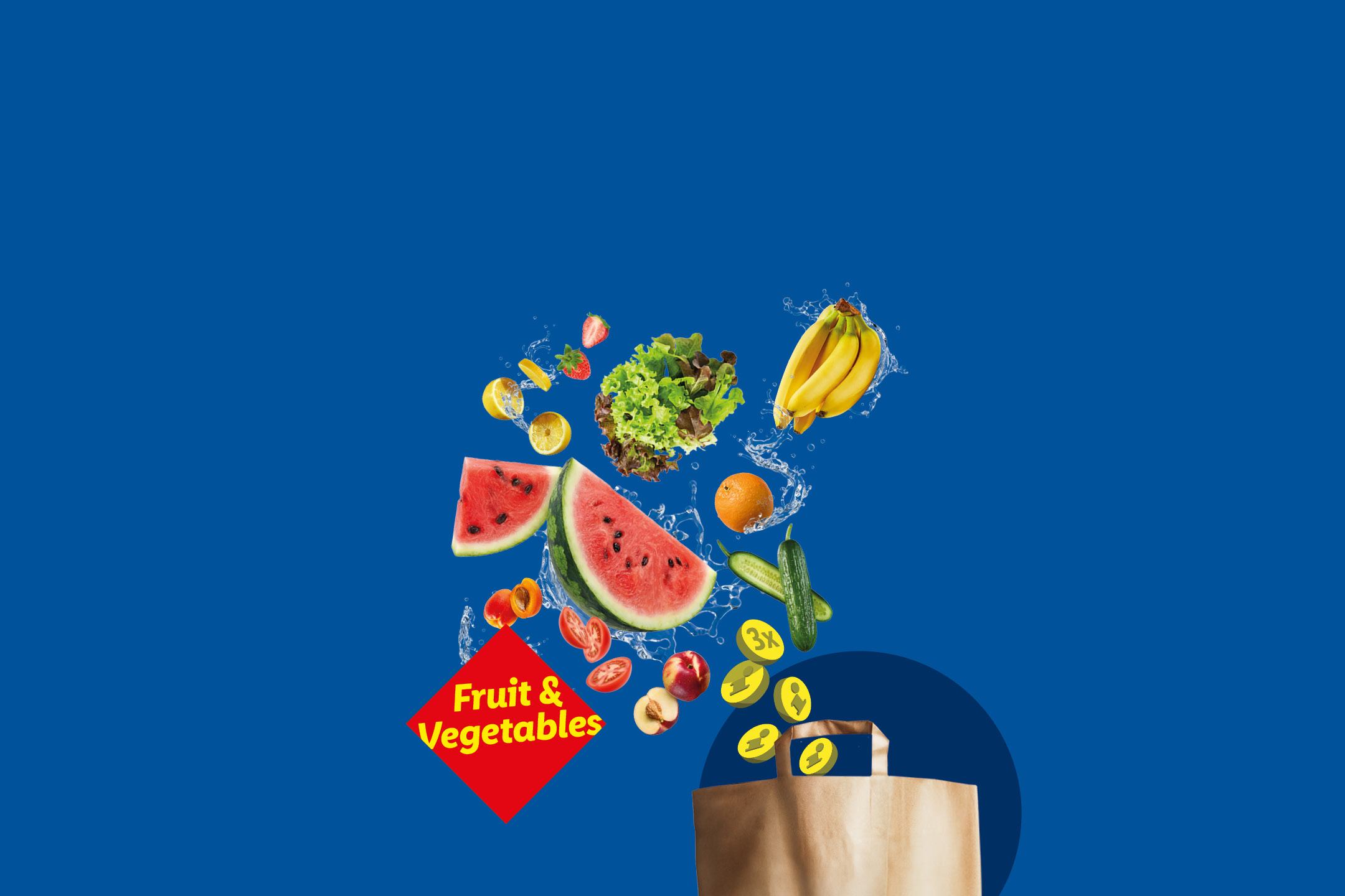 Fresh fruit and vegetables, including watermelon, bananas, and lettuce, with a 'Fruit & Vegetables' label.