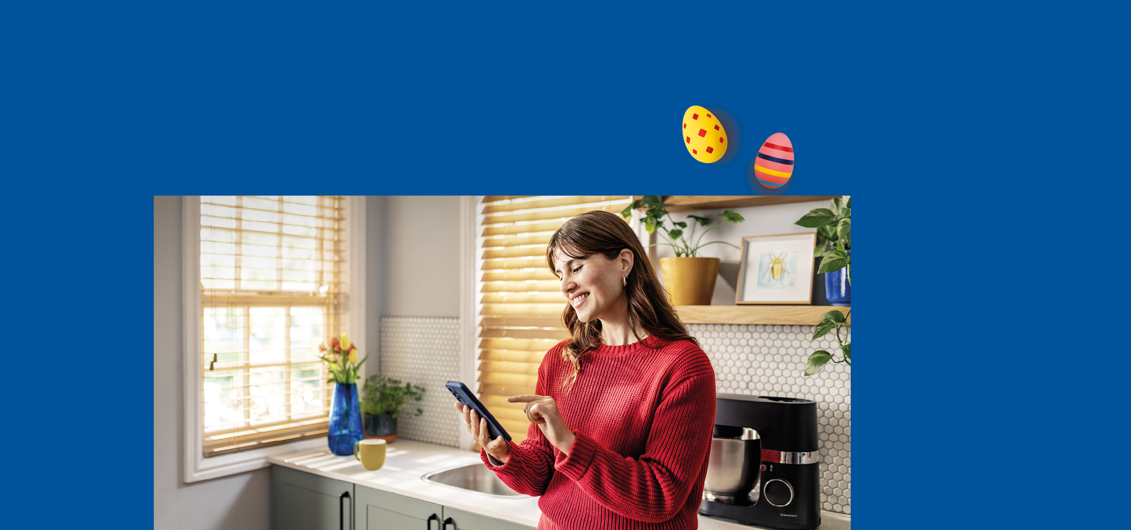 A woman looking at her phone, with Easter eggs and prize vouchers for 100, 300, and 1000 euros.