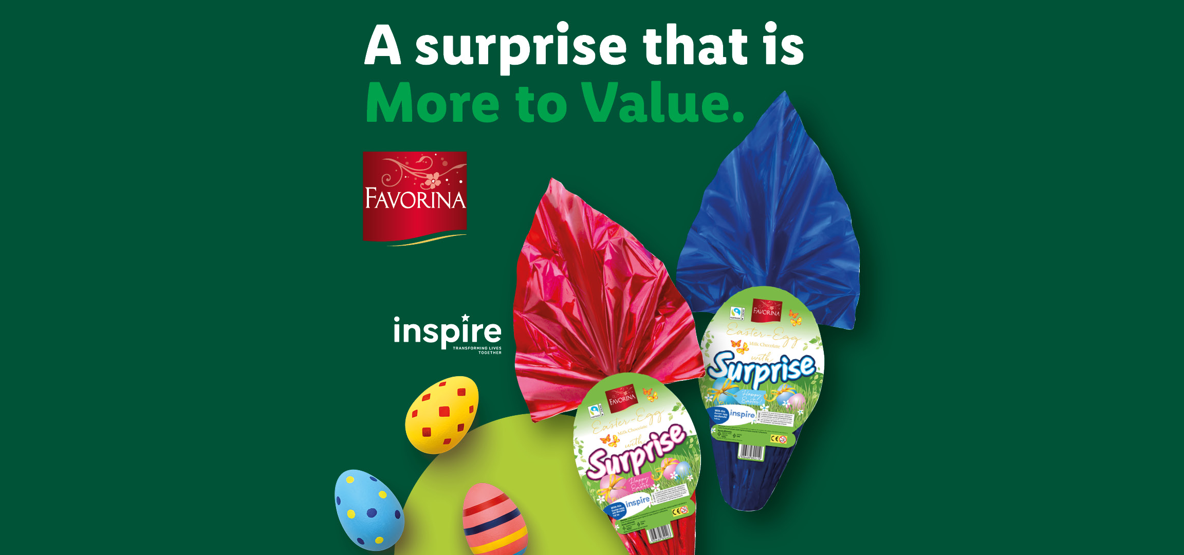 Easter chocolate eggs with surprise, priced at €6.49 for a 400g pack, with a theme of 'A surprise that is More to Value.'