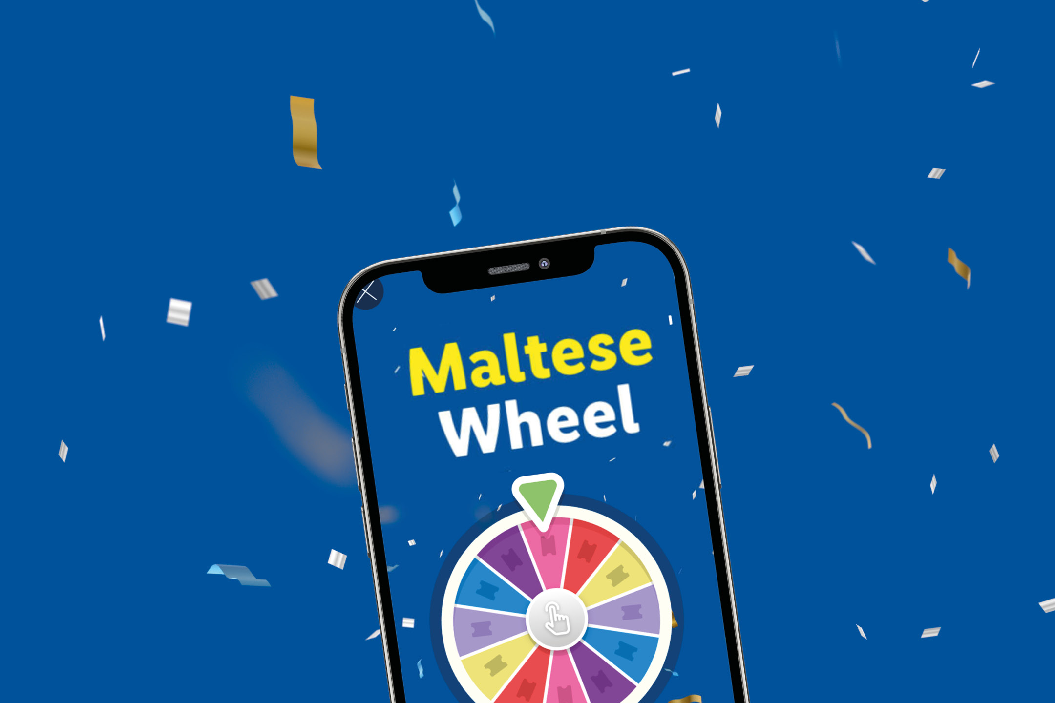 Smartphone displaying a colorful spinning wheel game with confetti on a blue background.