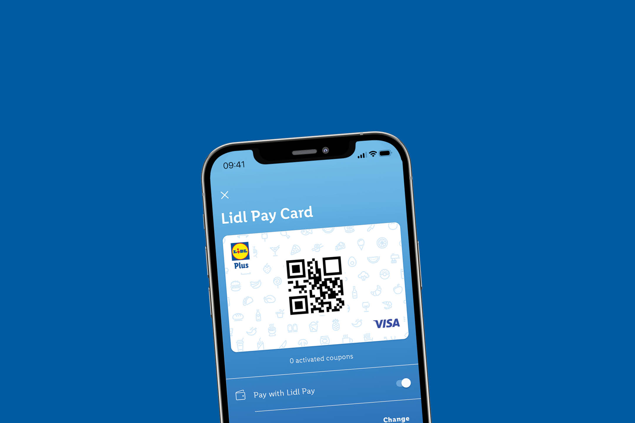 A smartphone displaying a digital payment card with a QR code and various food icons.